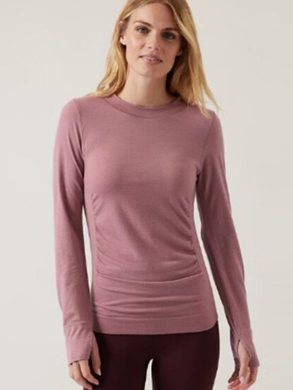 Athleta Foresthill Ascent Seamless Top Size L Dark Sugarplum Mauve Wool Nylon